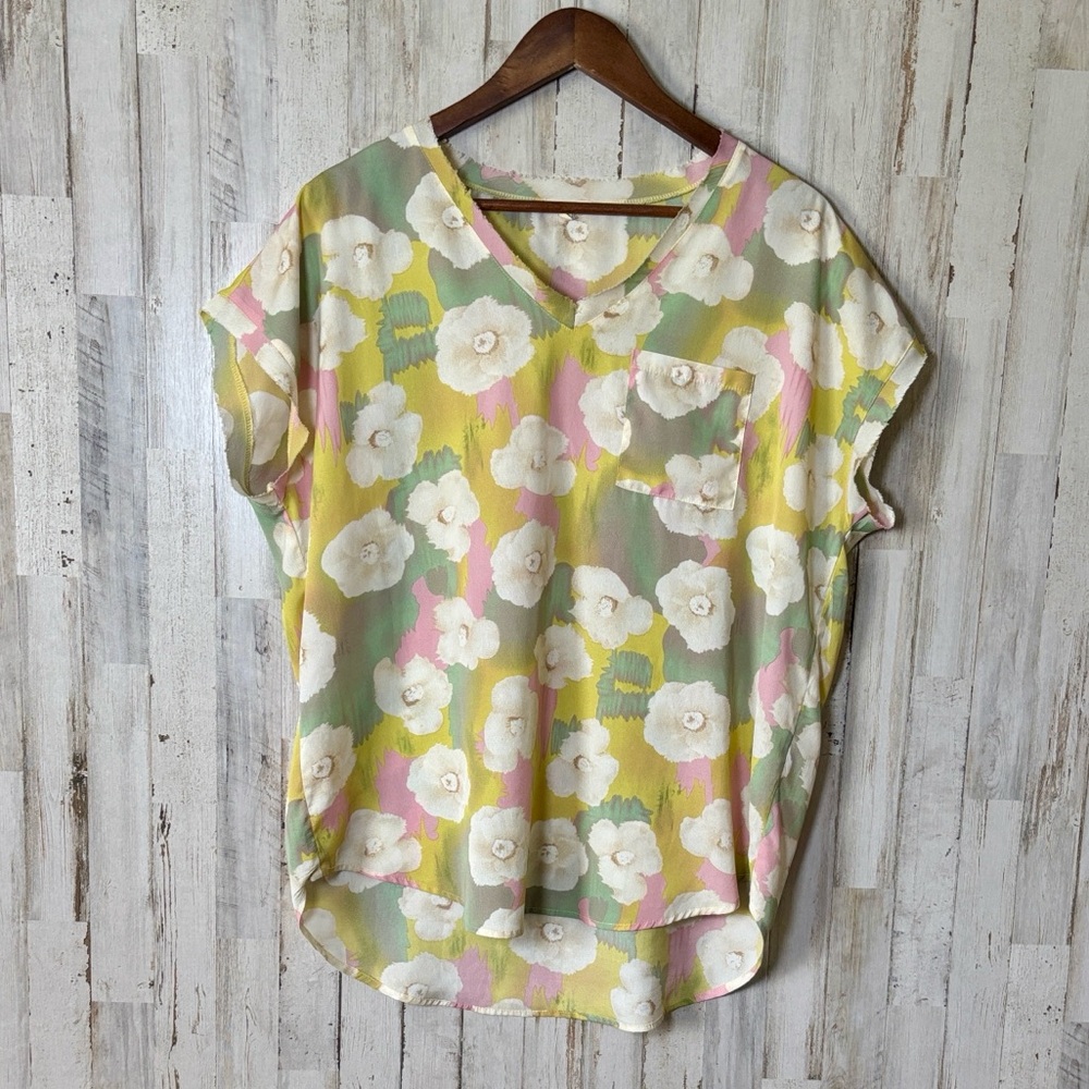 JODIFL Pastel Floral V-Neck Blouse in White, Yellow, Pink, Green